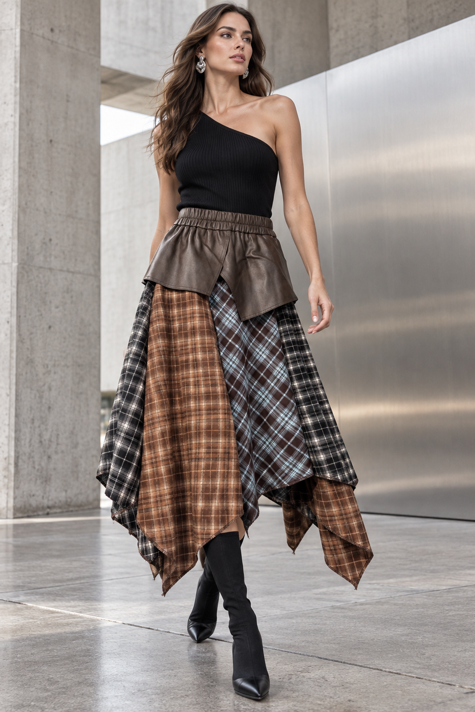 A model walks in a modern concrete and stainless steel corridor wearing a unique patchwork skirt with brown plaid, black-and-white plaid, and brown faux-leather panels, paired with a black one-shoulder top and black boots.