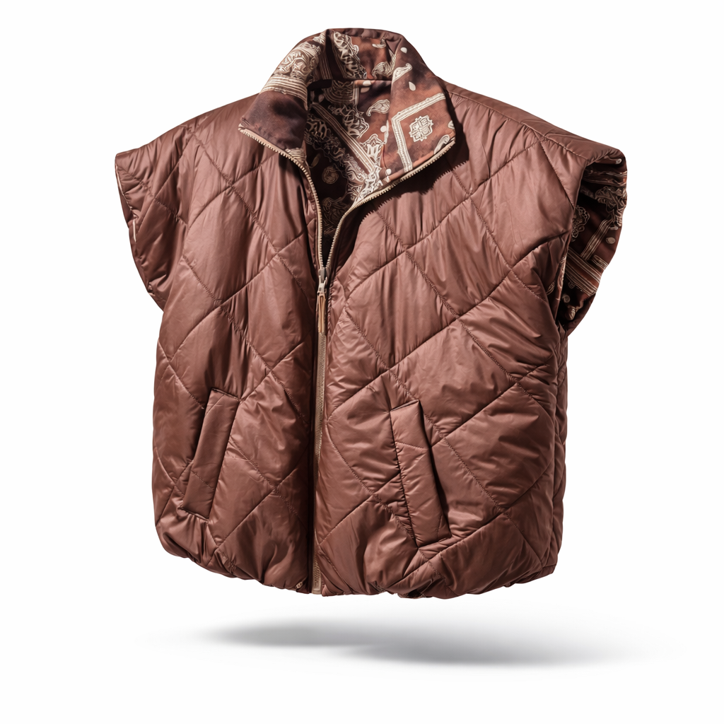 Brown quilted vest reversible with patterned inside.
