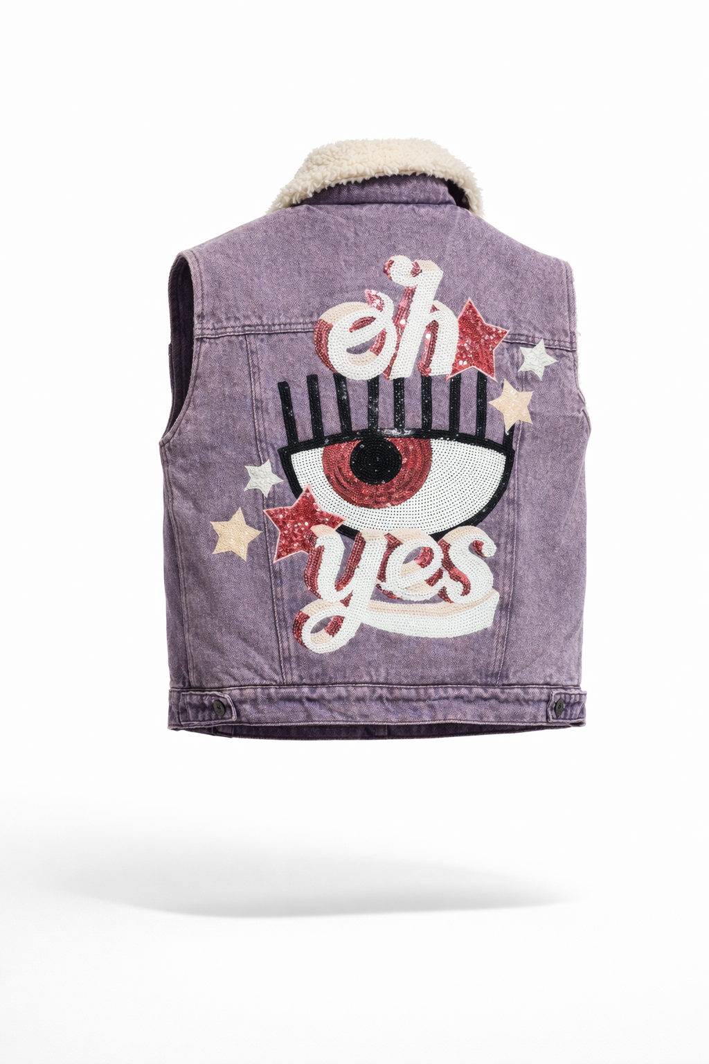 Denim vest with artistic eye design and text on a white background