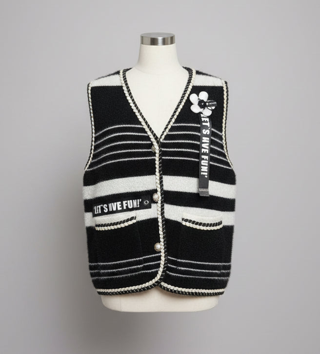 Black and white striped vest with text 