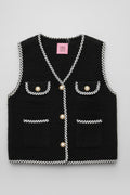 Black textured vest with white stitching.