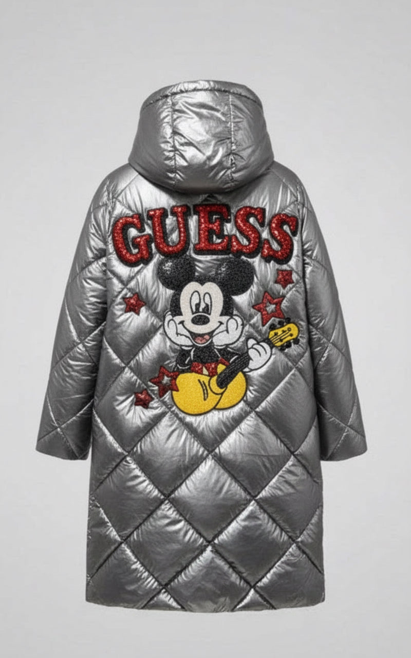 Silver quilted jacket with cartoon character.