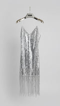 Silver sequin dress on a hanger in a store setting