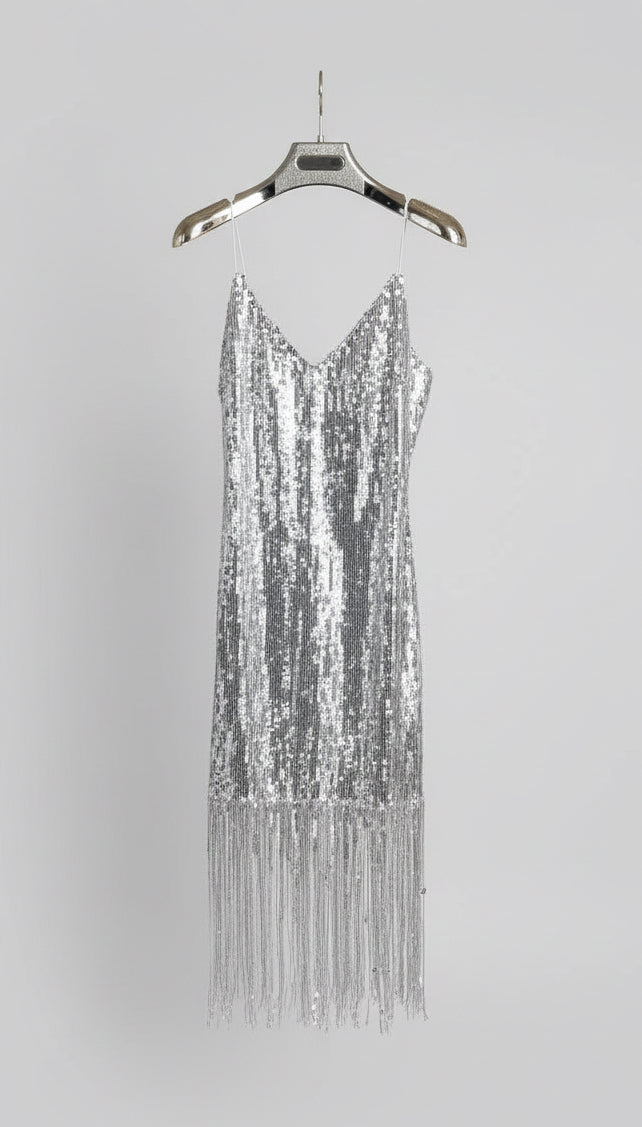 Silver sequin dress on a hanger in a store setting