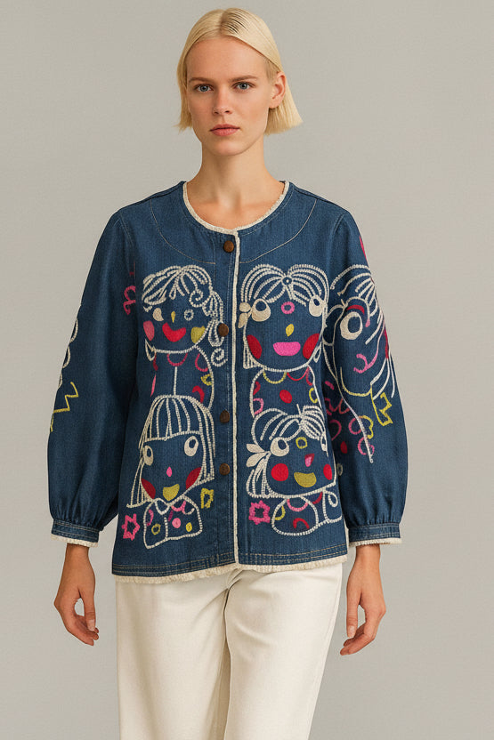 Embroidered denim cardigan